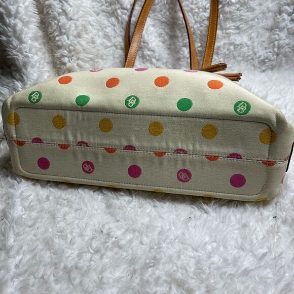 Dooney &Bourke Beige canvas multi color polka dots tan leather trim shoulder bag - Picture 5 of 16